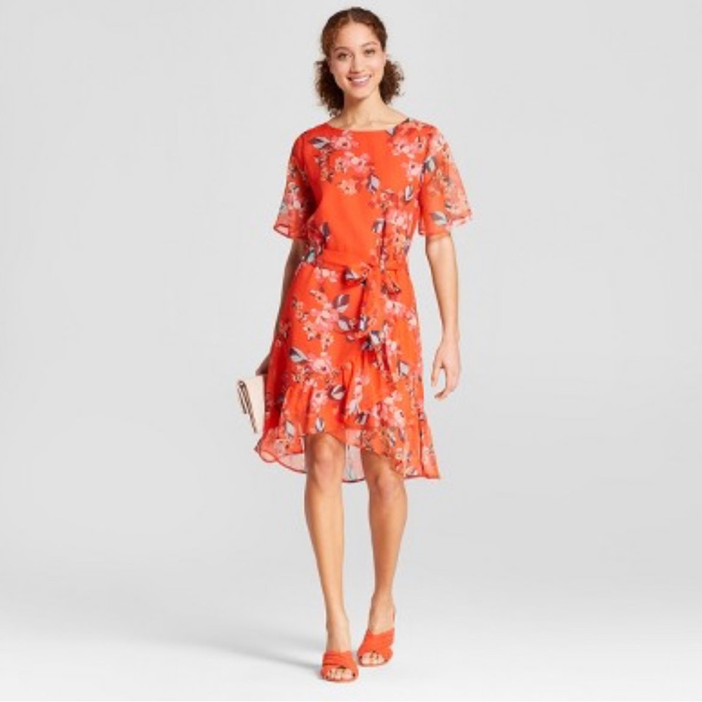 Womens Floral Print Short Sleeve Ruffle Wrap Dress - A New Day™ Red | Size Med